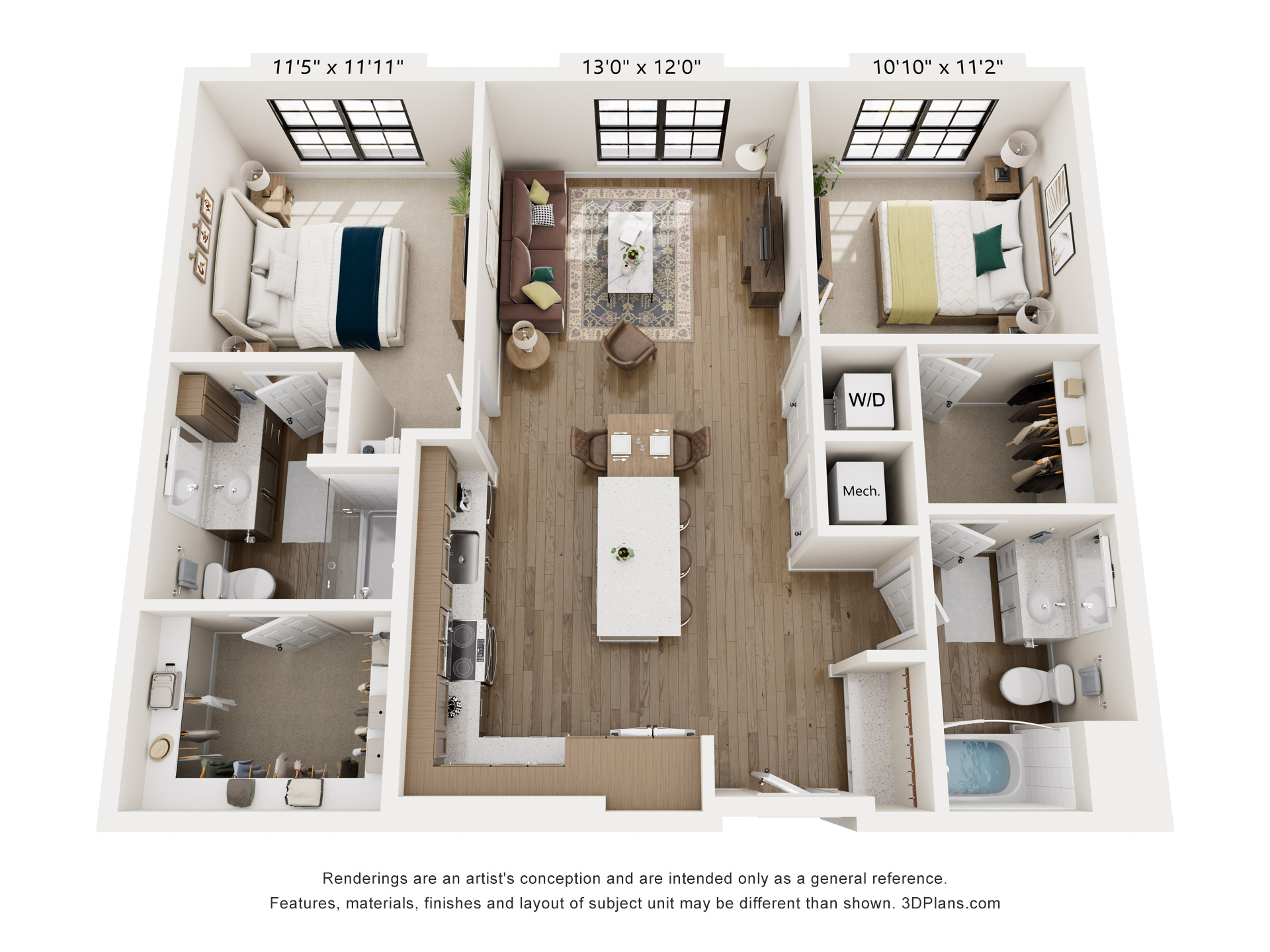 Floor plan for 2 beds, 2 baths, 1110 sqft